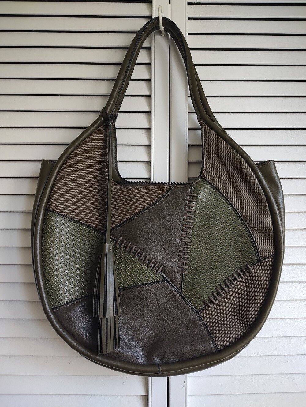 French Connection Olive Green Patchwork Hobo Shoulder Bag